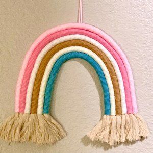 Handcrafted Pink Gold Blue Woven Tasseled Rainbow Wall Hanging Children's Decor